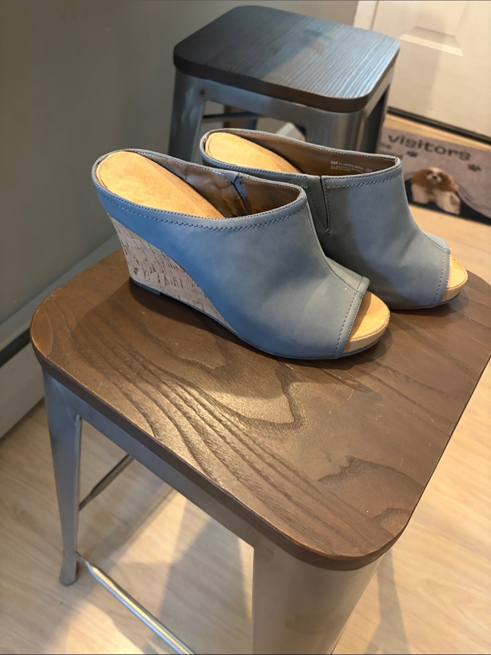 Aerosoles Sky Blue Cork Wedge Peep-Toe Mules